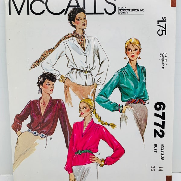 Vintage 1980s McCall’s 6772 Misses Low Cut Button Front or Pullover Blouses Sewing Pattern Shirts Tops Loose Fit Size 14 Bust 36 UNCUT FF