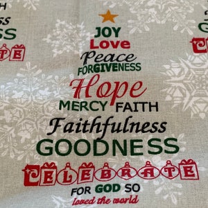 Religious Christmas Fabric Cotton Taupe Red Green CP56060 Celebrate Springs Creative 2015 Celebrate God So Loved the World Joy Hope Faith