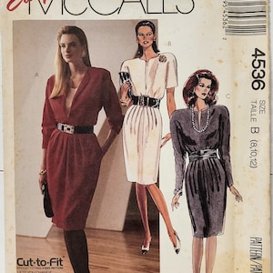Vintage Easy McCalls 4536 Misses Easy Fit Dress And Cummerbund Sewing Pattern Dolman Sleeves Gathered Waist Open Neck Sizes 8-10-12 UNCUT FF