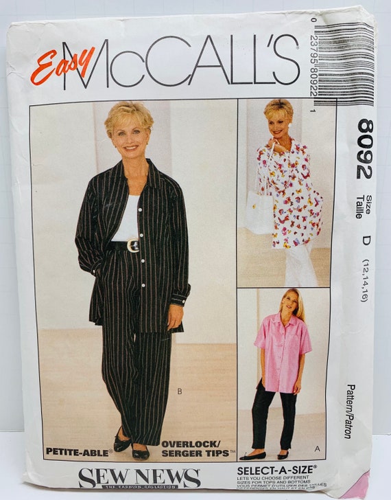 Mccalls 8092 Misses Oversized Button Down Shirt and Elastic Waist Pants  Sewing Pattern Vintage 90s Loose Fit Sizes 12-14-16 UNCUT FF 