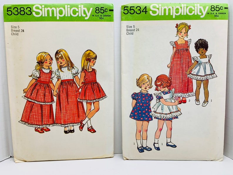 Girls Cottagecore Ruffled Dress and Pinafore Sewing Patterns Vintage 1970s Apron Dress Simplicity 5383 or 5534 Size 5 UNCUT FF image 8