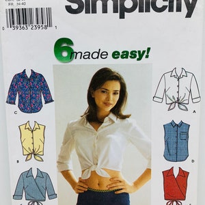 Misses Button Front Shirts Blouses Sewing Pattern Simplicity 9200 Midriff Option Collar and Sleeve Variations Size 6 Bust 30.5