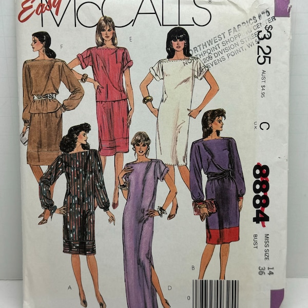 McCall’s 8884 Misses Bateau Neck Dress or Top, Skirt and  Sash Belt Sewing Pattern Easy to Sew Size 14 UNCUT FF