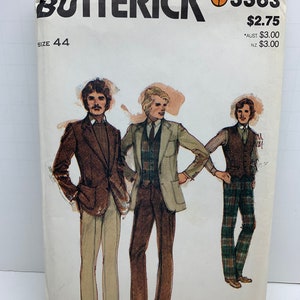 May include: A vintage sewing pattern for a men's suit, featuring three men in different styles of suits. The pattern is from Butterick and is number 3363. The size is 44.