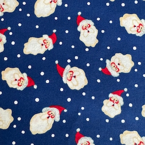 Santa Claus Toss Christmas Fabric Cotton Blue Background Vintage 1990s 44 x 42