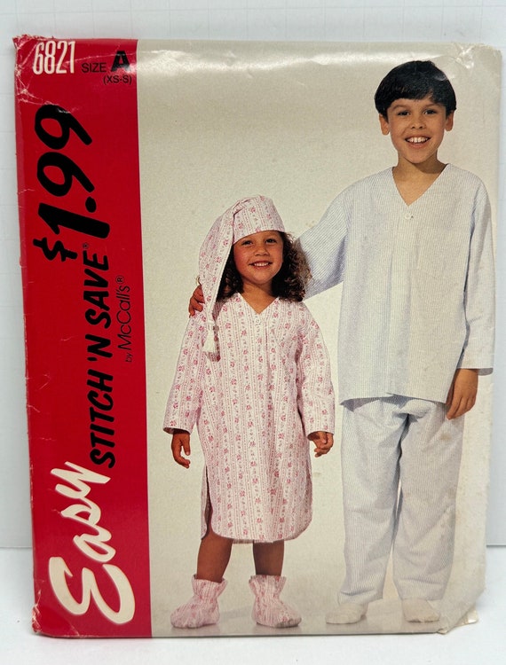 Boy s Girl s Unisex Pajamas Nightshirt Night Cap Stocking Hat and Booties Slippers McCall s 6821 Easy Stitch N Save Sizes 2 3 4 6 7 UNCUT