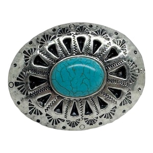 Vintage Ornate Silvertone Carved Belt Buckle With Turquoise  display picture 3