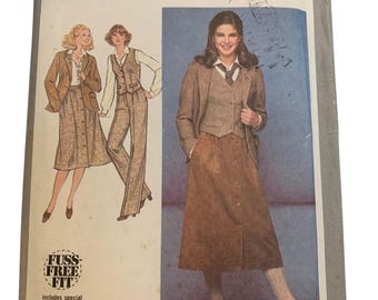 Vintage 70s Simplicity 8702 Pants Button Front Skirt Unlined Jacket Lined Vest Suit Size 12 Fuss Free Fit UNCUT FF