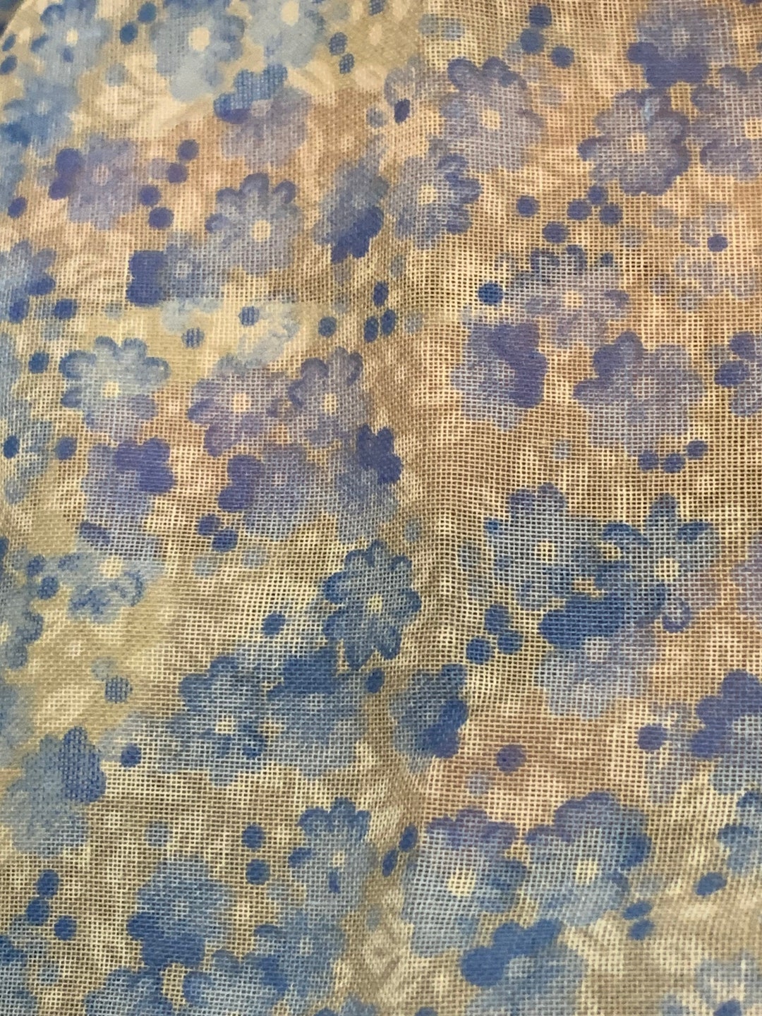 View of Vintage 70s Semi Sheer Floral Fabric Blue Gray White Flowers Guilford ...