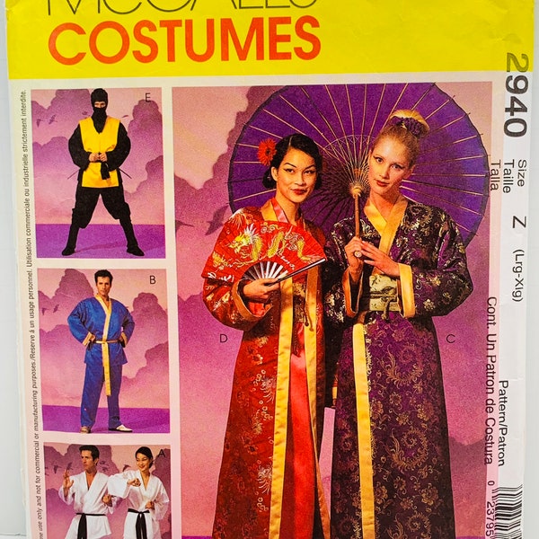 Adult Halloween Costumes McCall’s 2940 Sewing Pattern Asian Geisha Ninja Tabard Karate Smoking Jacket Robe Pants Size Sm-M or Lg-XL UNCUT