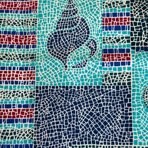 May include: A blue and white fabric with a mosaic pattern. The fabric features a stylized seashell design in the center.