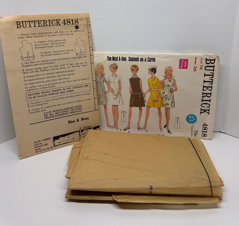 Butterick 4818 Misses 1960s A-Line Dress Seamed on a Curve Sewing Pattern Assymetrical Topstitch Front Button Trim Size 14 Bust 36 image 2