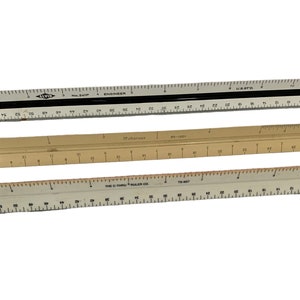 Lot of 3 Vintage Drafting Engineer’s Triangular Rulers Ruler Charvoz, Alvin and C-Through Ruler Co.