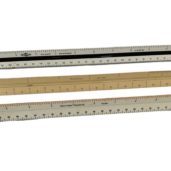 Lot of 3 Vintage Drafting Engineer’s Triangular Rulers Ruler Charvoz, Alvin and C-Through Ruler Co.
