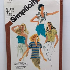 May include: Simplicity sewing pattern number 5509 for one-yard tops. The pattern is sized for stretch knits only and includes instructions for four different tops. The pattern cover features illustrations of four women wearing the tops.