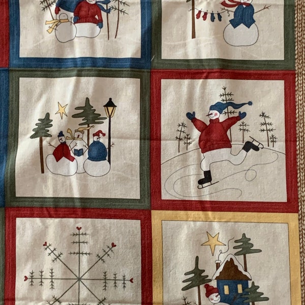 Vintage Sandy Gervais Moda Snowman Christmas Holiday Fabric Panel 23 x 42 Bundle Up  Ready to Quilt or Sew - Wall Hanging - Pillow QSQ