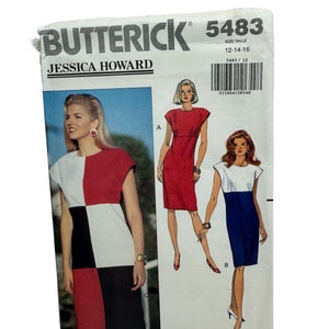 May include: A sewing pattern for a dress, Butterick 5483, Jessica Howard, sizes 12-14-16. The pattern shows three different styles of dresses, one with a red, white, and black color block design, one in solid red, and one in solid blue.