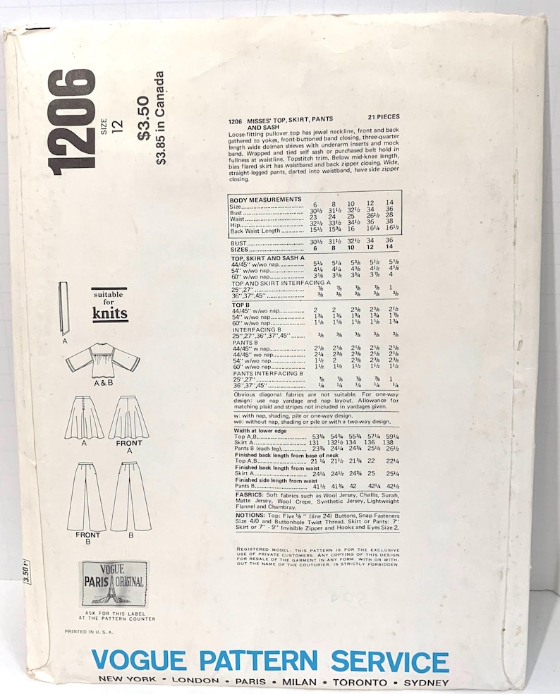 Vintage Vogue 1206 Parijs originele ontwerper Lanvin mist trui top rok broek en sjerp naaipatroon maat 12 ONBESNEDEN FF afbeelding 4