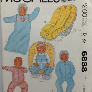 May include: A sewing pattern for a baby's outfit, including a hooded sleeper, a jumpsuit, and a hooded onesie. The pattern is from McCall's and is size 12 months. The pattern is illustrated with drawings of babies wearing the outfits.