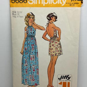 Vintage 70er Jahre Einfachheit 5686 Misses Neckholder Kleid Jiffy Schnittmuster Sommerkleid Mini oder Maxikleid Jugend Größe 11/12 UNCUT FF