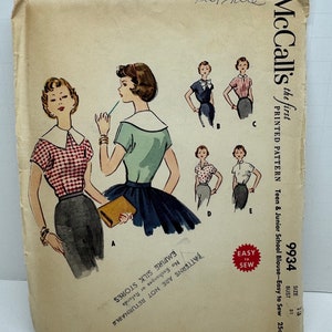 McCall’s 9934 Vintage 1950s Fitted Blouses Blouse Sewing Pattern  Pilgrim Bow Mandarin or Wing Collar Jr. Miss Size 13 Bust 31