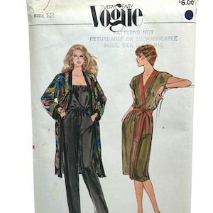 May include: Vintage Vogue sewing pattern, size 12, featuring illustrations of two women's outfits. One outfit includes a jumpsuit and patterned jacket, the other a wrap dress. The pattern's cover has the text "Vogue" and "Very Easy".