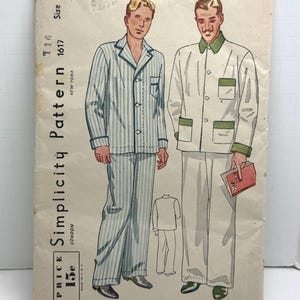 May include: Vintage Simplicity pattern 1617 for pyjamas. The illustration shows two men in pyjamas, one striped and one solid with green trim. The pattern is marked "Size 36" and includes the text "You are always in style when you dress with 'SIMPLICITY".