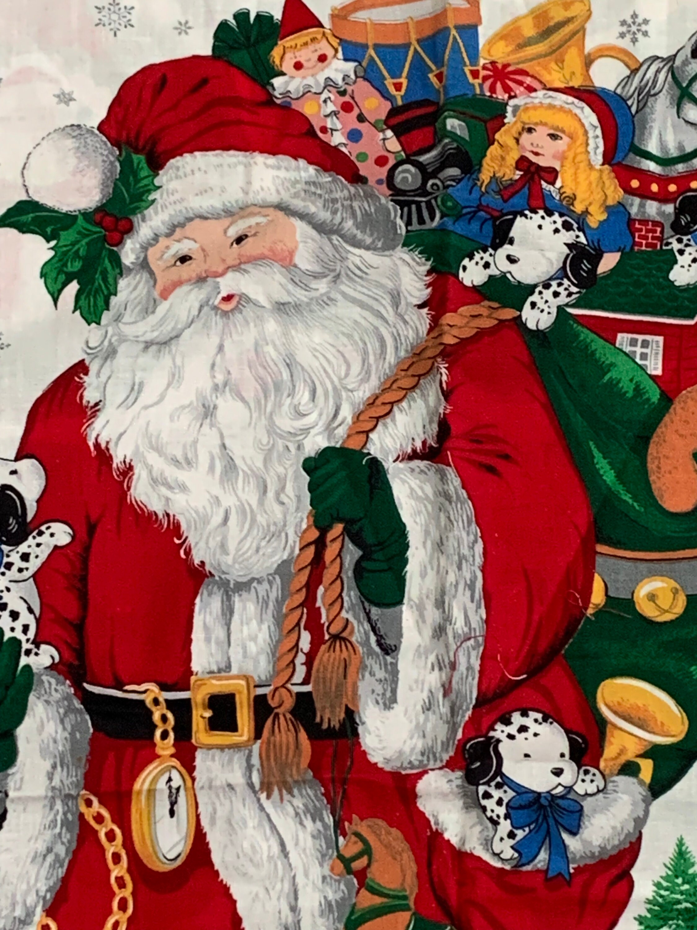 Vintage CHRISTMAS Fabric Santa Reindeer Quilt Squares Panel Holly Gold  Metallic