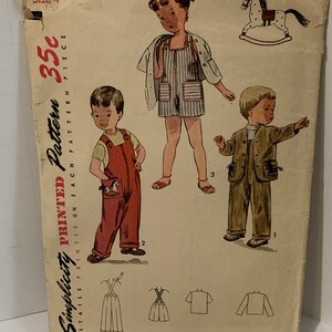 VTG 50s Simplicity 3566 Kids Overalls in Two Lengths Jacket Sewing Pattern Boys Girls Clothing Embroidery Transfer Sz4 Partial Cut Complete