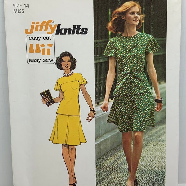 Vintage 1970s JIFFY Knit Short Dress Sewing Pattern Simplicity 6081 Top and Flared Skirt Outfit Optional Tie Belt  Size 14 Bust 36 UNCUT FF