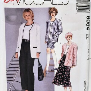 May include: A sewing pattern for a jacket and skirt. The pattern is for sizes 14, 16, and 18. The pattern is called "Easy McCall's" and the pattern number is 8094. The pattern is for a petite-able size.