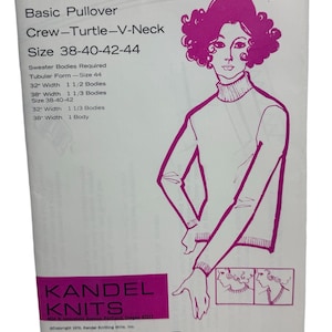 Peut inclure: Un modèle de tricot vintage pour un pull femme. Le modèle comprend des instructions pour un col rond, un col roulé et un col en V. Le modèle est pour les tailles 38-40-42-44. Le modèle est de Kandel Knits et coûte 1,25 $.