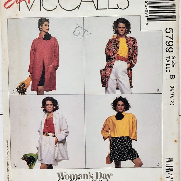 Easy McCalls 5799 Misses Unlined Coat or Jacket in Two Lengths Sewing Pattern Oversized Blazer Woman’s Day Collection Sizes 8-10-12 UNCUT