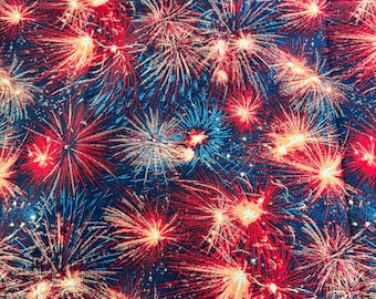 Tessuto di cotone con motivo fuochi d'artificio, colori patriottici rosso, bianco e blu, Capodanno 4 luglio, 44 x 35
