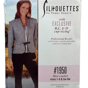 Puede incluir: Un patrón de costura para una chaqueta, con una mujer que lleva la chaqueta. El paquete es blanco con el texto "SILHOUETTES by Peggy Sagers" y "EXCLUSIVE B,C, & D cup sizing". El patrón es para las tallas 1-4 y 5w-8w.