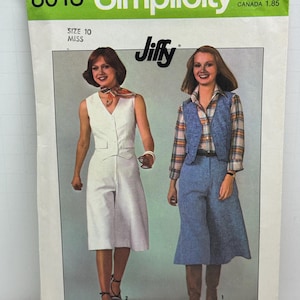 May include: Simplicity sewing pattern 8013 featuring two women modeling culottes and vests. The pattern includes the text "Simplicity" and "Jiffy". The size is Miss 10.