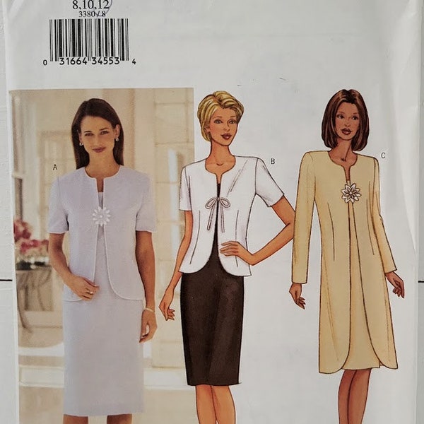 Butterick 3380 Misses Jacket And Fitted Sheath Dress Sewing Pattern One Button or Tie Close Jacket Sizes 8-10-12 Bust 31.5-34” UNCUT FF