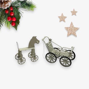 Vintage Metal Christmas Ornaments Rocking Horse and Carriage Wheels Move