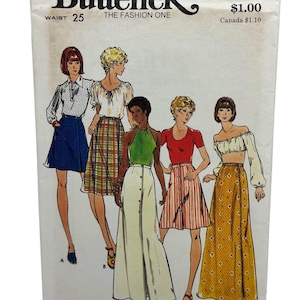 May include: Vintage sewing pattern for five different skirts. The pattern is from Butterick, number 3687, and is for a waist size of 25 inches. The skirts are in various styles and colors, including a plaid skirt, a long white skirt, a red and white striped skirt, and a yellow floral skirt.
