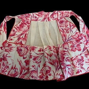Vintage 1960s Red Pink White Bright Floral Apron Deep Pockets Cotton - Flocked Panel Mid Century Hand Sewn Rick Rack Trim