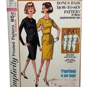 Vintage 1960s Einfachheit 5653 Misses Basic Kleid Schnittmuster in proportionaler Höhe Kurz Med Tall Größe 16 Büste 36 LESE BESCHREIBUNG