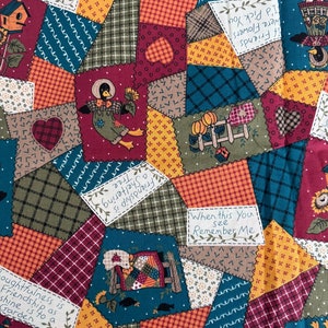 May include: A colourful patchwork fabric with a variety of designs, including birds, hearts, pumpkins, and houses. The fabric has a rustic, vintage feel and features the text "Sunshine is to a friendship as thoughtfulness is to a garden" and "When this you see remember me".