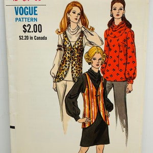 May include: Vintage Vogue sewing pattern number 7856 for a women's top and vest. The pattern includes three different styles, one with a leopard print vest, one with a striped vest, and one with a red blouse with a floral print. The pattern is for sizes 12, 34, and 36.