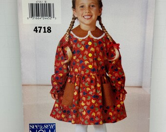 Butterick See & Sew 4718 Mädchen Kleid mit langen Ärmeln Kontrast Kragen Schnittmuster Aufgesetzte Taschen Einfach zu Nähen Bescheidene Größen 4-5-6 UNCUT FF
