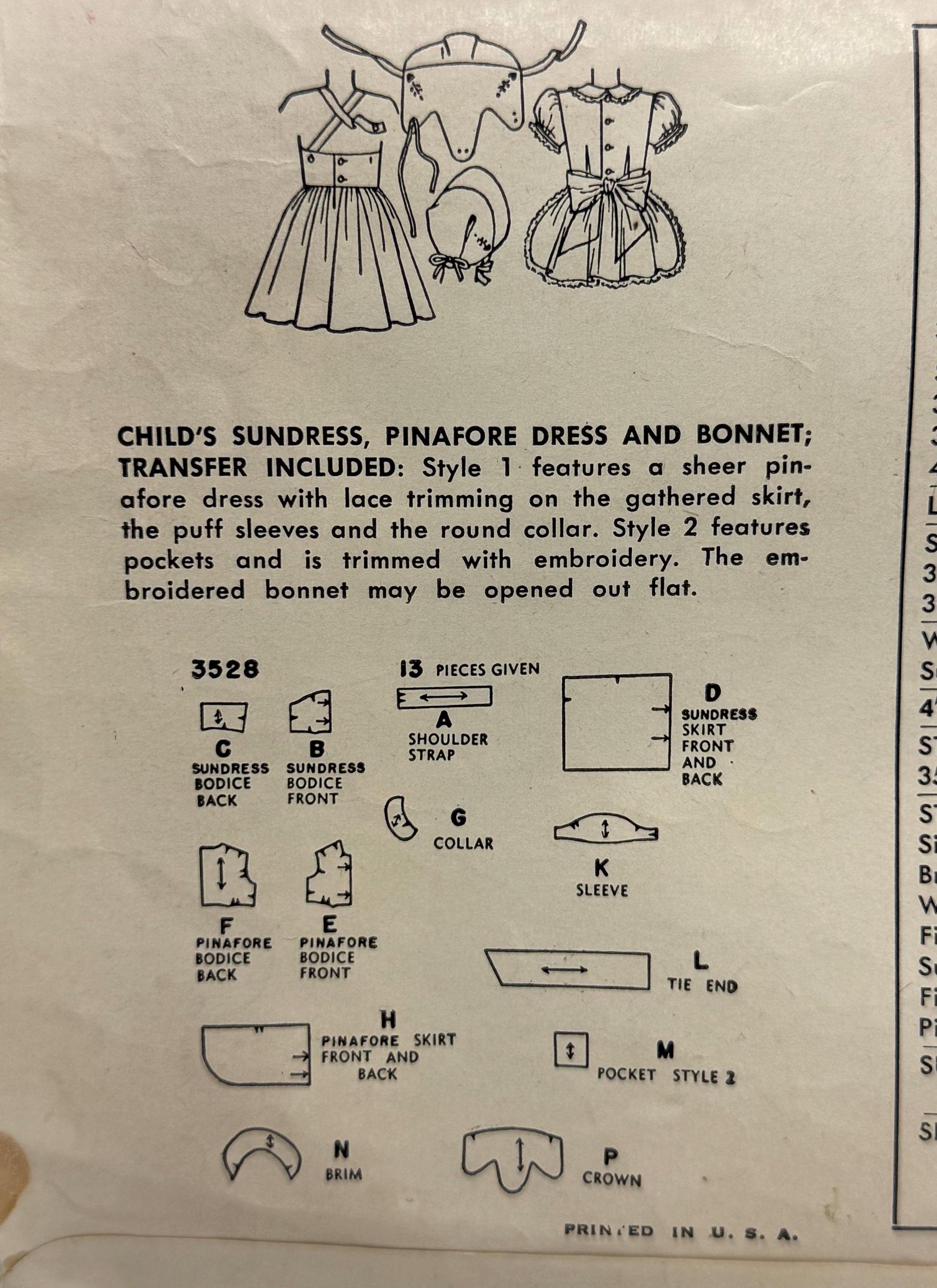 Simplicity 3528 Girl's 1950s Sundress Pinafore Dress and Bonnet