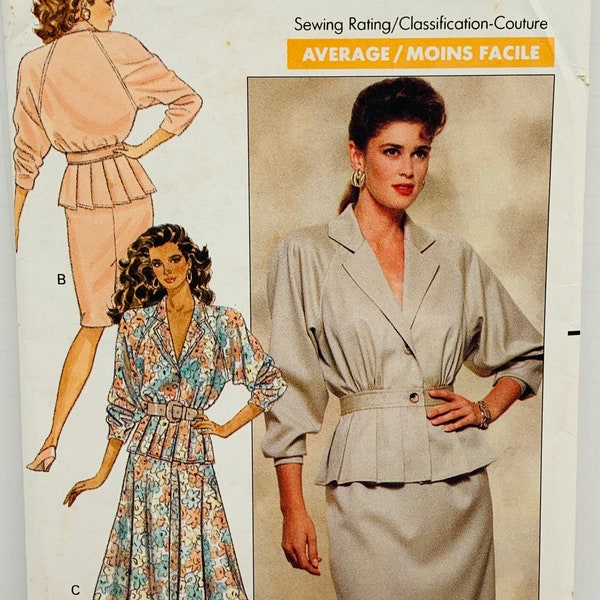 Vintage 80s Butterick 3123 Misses Button Front Top and Skirt Sewing Pattern V Neck With Collar Flap Pockets Size 8 UNCUT FF