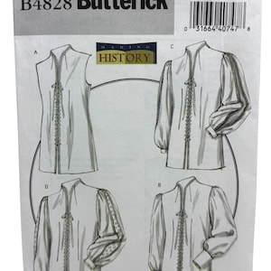 Puede incluir: Un sobre de patrón de costura con ilustraciones de blusas históricas. El sobre está etiquetado como "B4828 Butterick" e incluye el texto "MAKING HISTORY". El patrón incluye diferentes estilos de blusas con varios diseños de mangas.