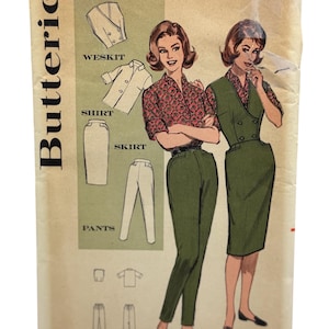 May include: Vintage Butterick sewing pattern featuring illustrations of a shirt, skirt, pants, and weskit. The pattern includes images of a woman wearing a green skirt suit and another in green pants and a patterned shirt. The bust size is 31 1/2 inches.