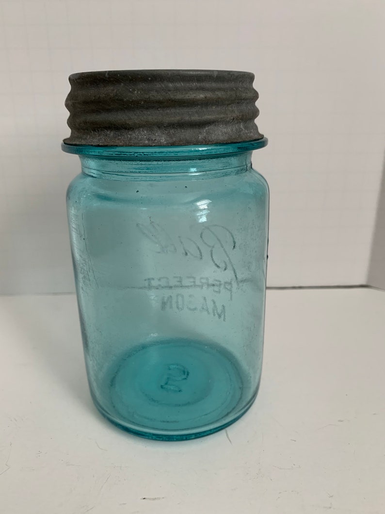 Antique 1 Pint Blue Ball Perfect Mason Jar With Zinc Top Lid Etsy