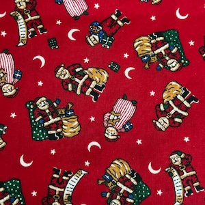 Santa Claus Christmas  Fabric Cotton Santas on Red Moon Stars Trees Colorful Vintage 1990s Sold by the Yard